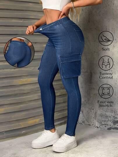 SHEIN SXY Women's Relaxed Fit Washed Distressed Slim Cargo Jeans