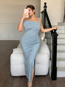 Dazy Plus Plus Size Asymmetrical Strapless Wrap Solid Color Maxi Slit Dress,Formal Women Dresses - Baby Blue - View 1