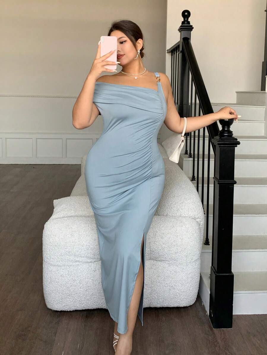 Dazy Plus Plus Size Asymmetrical Strapless Wrap Solid Color Maxi Slit Dress,Formal Women Dresses - Baby Blue - View 1