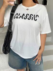 Dazy Plus Maglietta bianca estiva oversize da donna con stampa a lettere di colore unito