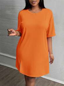 Slaydiva Plus Size Pink Side Split Drop Shoulder Short Sleeve Casual Vacation Dress, Early Spring,Summer Outfits For Women,Sun Dresses For Women - Orange - View 6