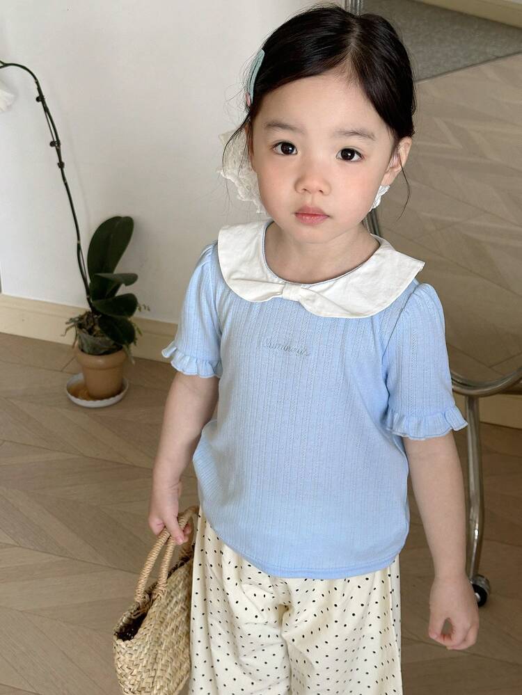 DAZY 女童可爱蝴蝶结领短袖T恤，夏季 - 藍色 - 查看 6