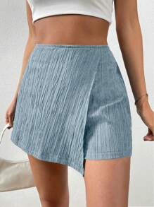 Chiquease Women High-Waisted Asymmetric Hem Solid Color Fashion Skort - Dusty Blue - View 3