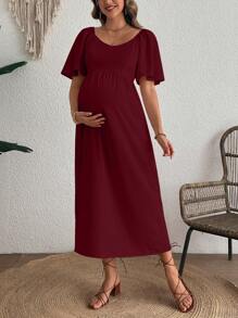 SHEIN فستان طويل للأمهات عرض الرقبة بتصميم الكشكشة عند الأكمام و الخصر مربوط، مناسب للمناسبات الصيفية