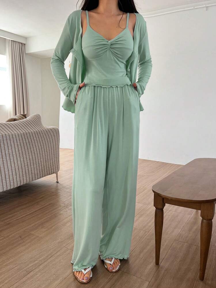 3pcs/Set Solid Color Knit Twist Design Camisole Top & Robe & Pants Lounge Set For Women, Fall Winter Clothes