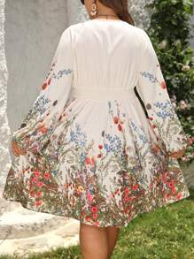 SHEIN Clasi Robe élégante à col en V imprimée florale, nœud papillon grande taille, pour printemps/été - Multicolore - Voir 2