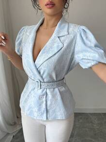 SHEIN Clasi Camisa de verano para mujer con mangas abullonadas de encaje, doble botonadura, cintura ceñida y cuello con solapa - Azul - Ver 5