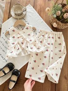 LMoss Kids LMoss  2pcs Set Young Girl Ditsy Floral Round Neck Ruffle Trim Tank Top And Loose Casual Pants Sisters Outfit,Suitable For Spring And Summer - Multicolor - View 3