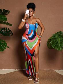 Maweii Plus Size Women's Streamlined Printed Bright Color Camisole Dress - Multicolor - View 1