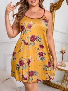 大码女式花卉印花宽松吊带睡衣 - 黃色 - 查看 5