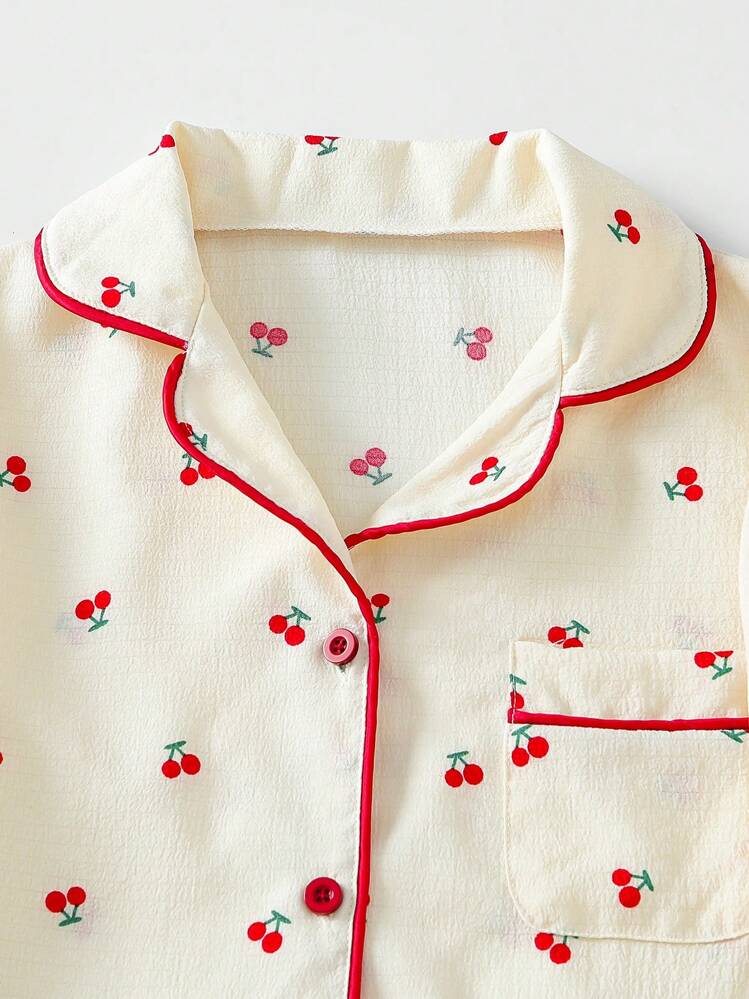 Schlafanzug Set für Teenager Mädchen, Kirschenmuster V-Ausschnitt Kurzarm Oberteil und lange Hose, eleganter und frischer Stil mit kontrastierender Borte Dekoration - Aprikosenfarben - Übersicht 5