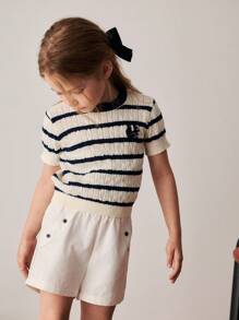 PrepCrw Girls' Spring/Summer Preppy Style Blue & White Striped Textured Fitted Round Neck Sweaters - Multicolor - View 7