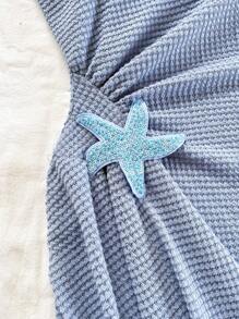 Soleia 女士亮橙色热带岛屿度假抹胸褶饰裹身荷叶边海星装饰海滩迷你连衣裙 - 藍色 - 查看 3