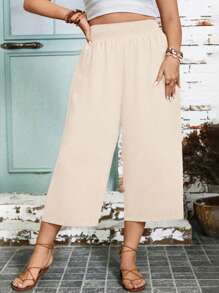 Plus Size Women's High Waist Loose Solid Color Wide Leg Capri Pants, Casual Office Wear - Beige - View 1