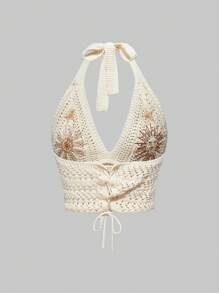 ROMWE Hippie 女式嬉皮波西米亚风格刺绣露背针织上衣，饰有月亮和星星图案 - 杏色 - 查看 2