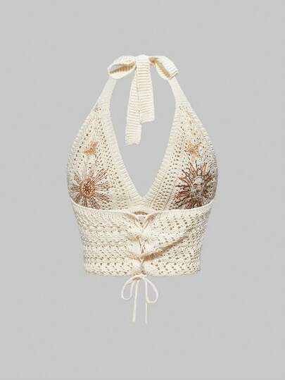 Hippie Women's Hippie Bohemian Style Embroidered Halter Neck Knitted Top With Moon & Star Pattern