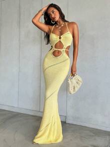 Aloruh Váy len buộc cổ màu vàng nhạt thanh lịch cho nữ - Màu vàng - Xem 5