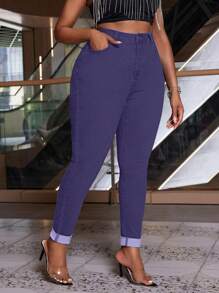 SHEIN SXY 大码女式弹力蓝色复古百搭卷边紧身牛仔裤 - 紫色 - 查看 3
