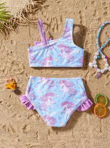 Random Print Baby Girls Fashion Two-Piece Swimsuit, Suitable For Summer - Multicolor - View 2