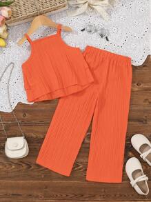 2pcs/Set Young Girl' Fashionable & Comfortable Ruffle Strap Top And Pants Suit, Suitable For Summer Holiday - Orange - View 2