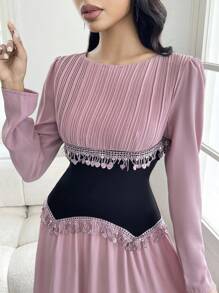 Modelyn Women's Lace Contrast Color Patchwork Long Sleeve Dress - Pink - View 3