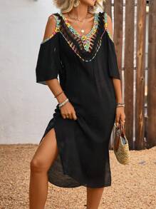 Breezaya Abito da donna con scollo aperto, dritto, con motivi a uncinetto traforati e patchwork, adatto per vacanza