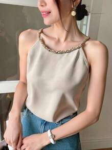 DAZY Nowy Letni Damski Elegancki Satynowy Halter Neck Tank Top - Biały - Zobacz 4
