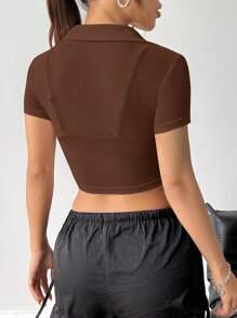 SHEIN EZwear Women's Twist Sheer Shirt, Fashion Design Suitable For Summer - Coffee Brown - View 2