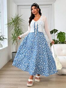 Solflare 2pcs Plus Size White Cardigan & Ditsy Floral Sling Dress Set,Summer Outfits For Women - Blue - View 4
