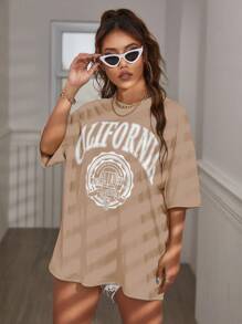 Chiquease 女士夏季宽松休闲字母印花 T 恤，圆领落肩袖图案 T 恤女上衣