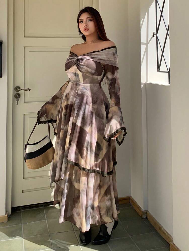 Dazy Plus Plus Size Asymmetrical Tie Dye Gradient Splice Lace Trim Flared Sleeve Split Hem Elegant Off Shoulder Dress,Casual Women Dresses,Fall Dress Long Sleeve Dress