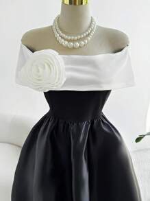 Franclia Abito da donna elegante con contrasto di nero e bianco, decorato con fiori, camisole a-line, adatto per compleanni, lauree, concerti, discoteche, nuova collezione primavera/estate