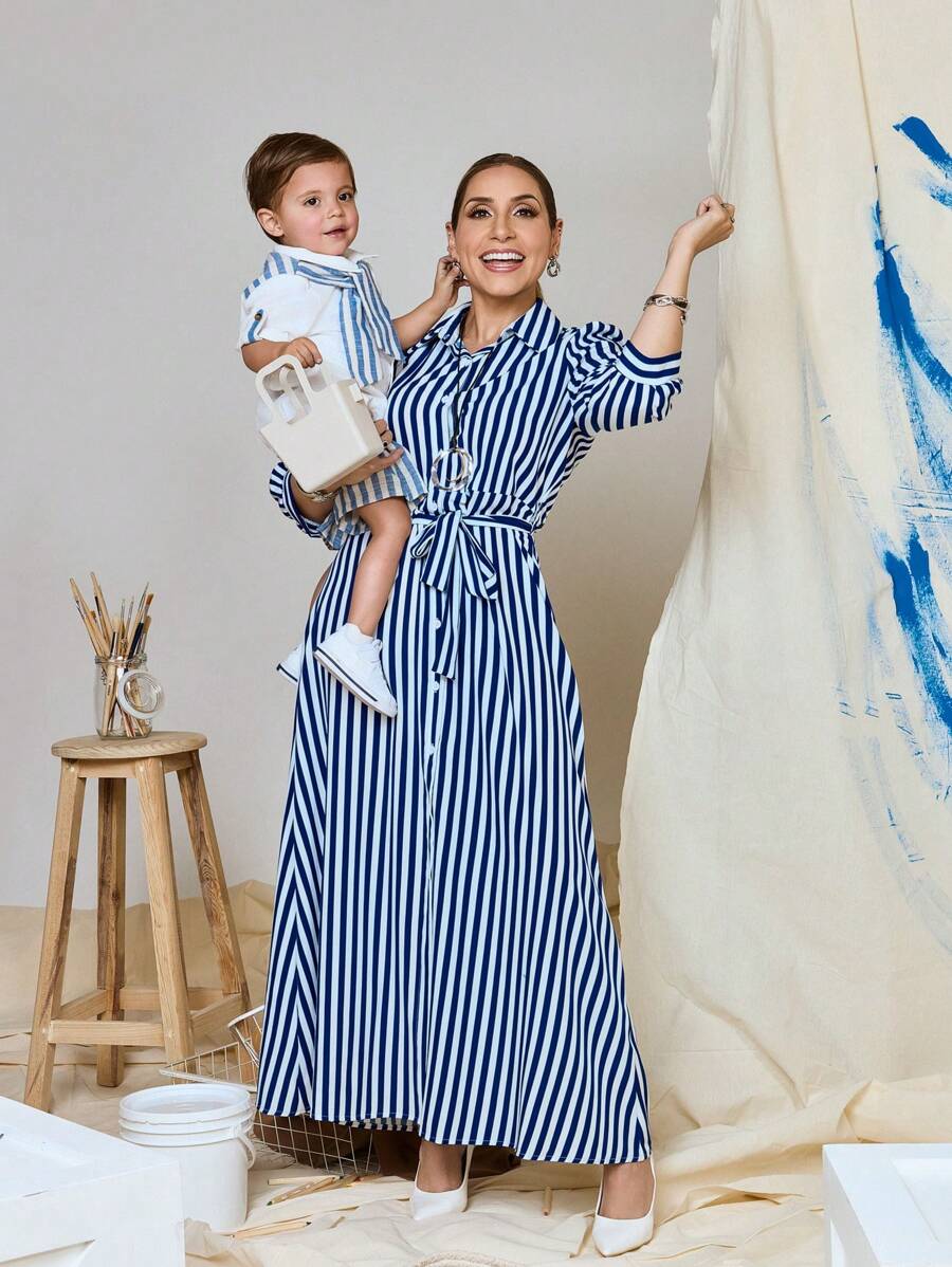 SHEIN X JIMENA & MATEO Chiquease 女式条纹衬衫裙长款女装