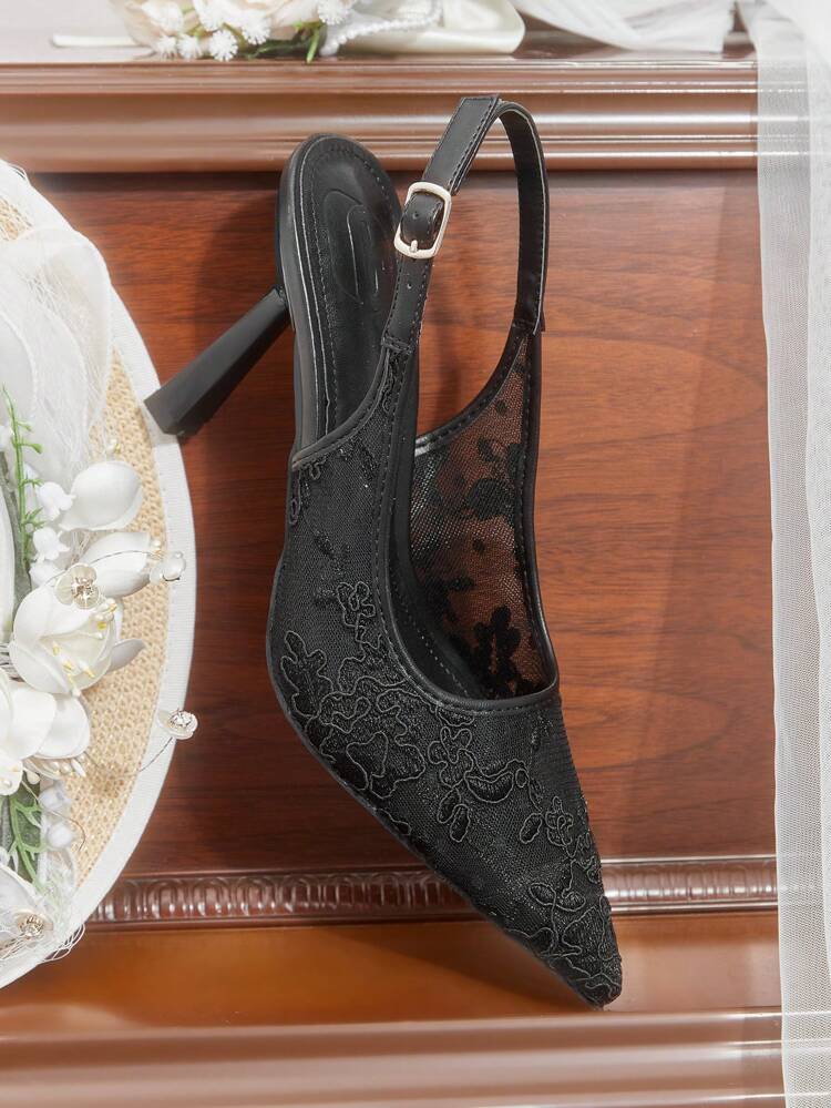 CUCCOO HITCHD Women's New Summer Embroidered Lace Pointed Toe Elegant Romantic Black Mesh Bridal Wedding Party Stilettos High Heels For Christmas Elegant Shoes Wedding Shoes Summer Shoes Bride Shoes