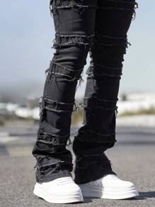 Manfinity Homme Men's Utility Pocket Frayed Slim Fit Bootleg Jeans - Black - View 4