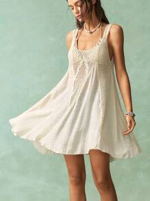 Bohemela Leisure Holiday Crochet Splicing Elegant Chiffon Large Square Neck Ruffle Hem Suspender Dress - Apricot - View 4