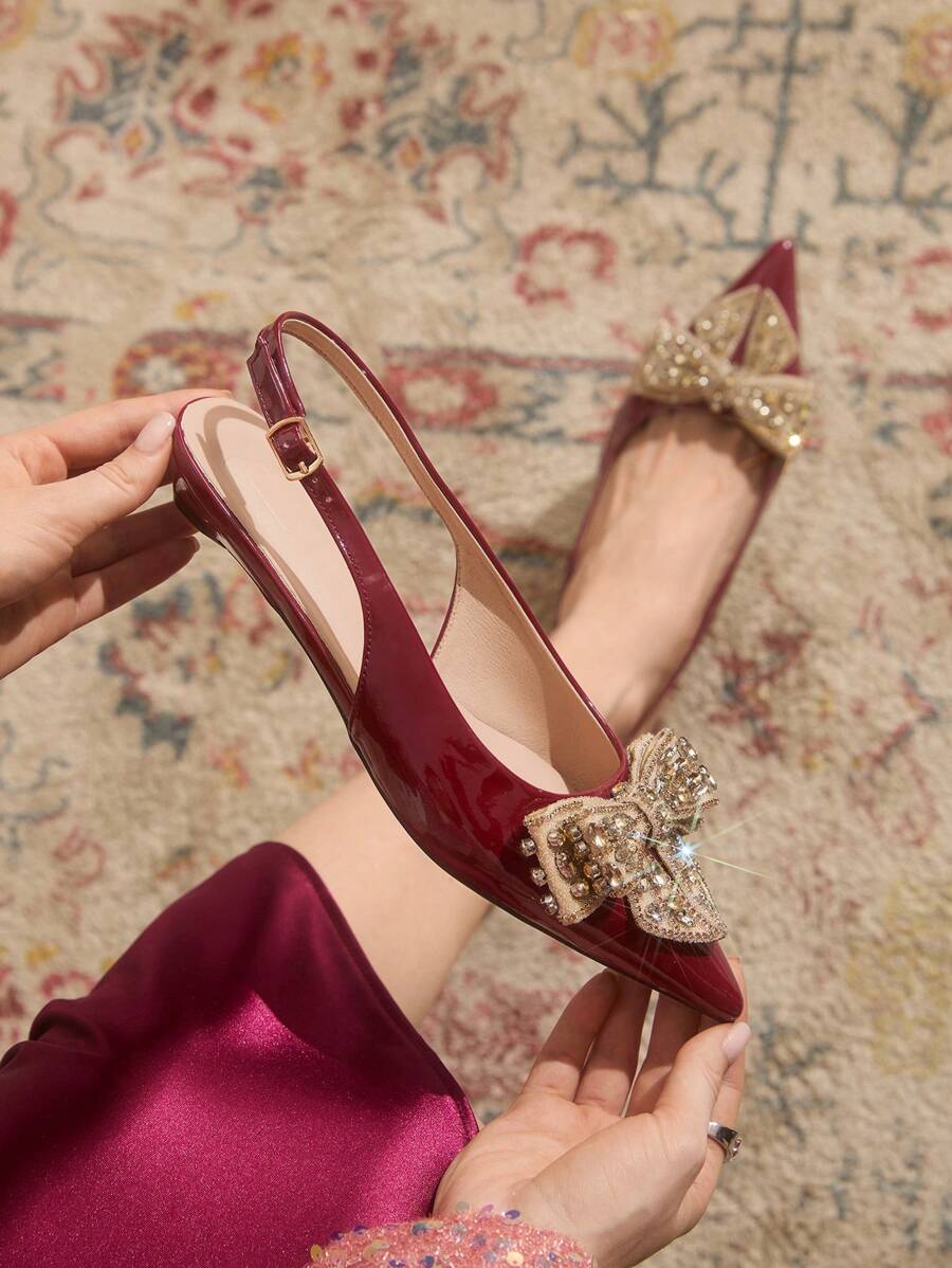 CUCCOO TILAWA Bow-Knot Decor Elastic Band Pointed Toe Flat Heels Shoes For Women, Elegant For Parties, Comfortable For Daily Wear And Outdoor Activities, Suitable For Spring/Summer - Burgundy - View 1