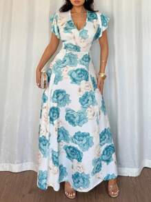 SHEIN VCAY Women's Floral Print Ruffle V Neck Maxi Dress , Spring & Summer - Green - View 3