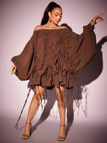 Vixey Off Shoulder Drawstring Detail Balloon Sleeve Boho Dress, Boho Women Clothing, Spring Dress, Summer Dress, Fall Outfits, Fall Clothes For Women,