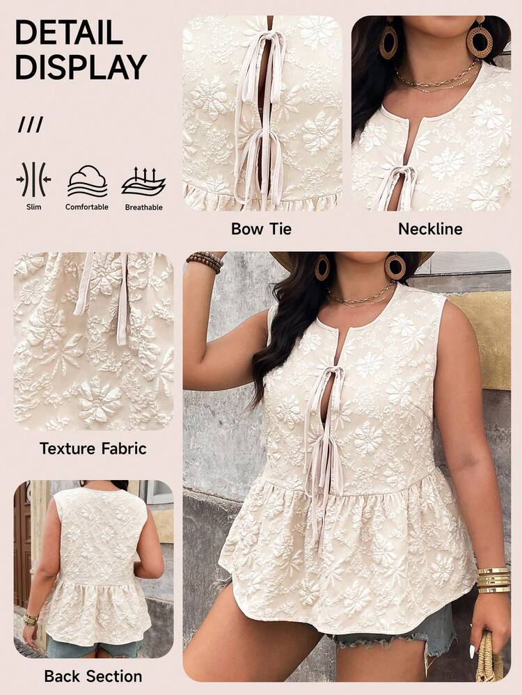 SHEIN LUNE Plus Size Plain Jacquard Knot Front Sleeveless Casual Holiday Shirt - Apricot - View 5