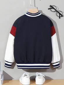 SHEIN Young Boy Letter Graphic Colorblock Teddy Lined Varsity Jacket - Multicolor - View 2