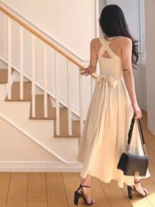 DAZY 女式无袖 V 领高腰中长 A 字连衣裙 - 白色 - 查看 3