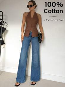 Siren Gaze 2025年夏季：亚麻露背背心——适合工作装和休闲时尚的无袖纽扣上衣 - 咖啡棕 - 查看 3