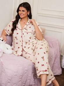 SweetSlumber Conjunto de pijama talla grande con estampado de conejo con moño, arrugado y holgado