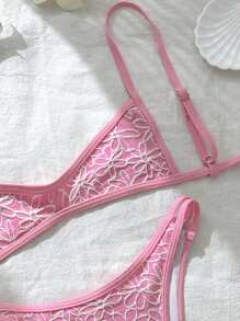 Swim Mod 女士提花面料细肩带高开叉性感比基尼套装 - 粉色 - 查看 3