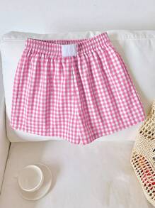 Comfortcana Valentine's Day Plus Size Women Loose Plaid Pattern Elastic Waist Shorts - Pink - View 1