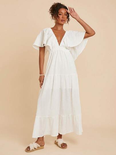 Travachic Solid Color V-Neck Short Sleeve White Dresses For Women Summer Resort, Summer Outfits For Women,Beachwear,Easter,Beach Outfits For Women,Vacation Outfits Women,Boho,Music Festival,Tropical Vacation Women Clothes