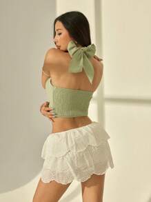 SHEIN PETITE Women's Casual Solid Color Criss-Cross Halter Top - Green - View 2