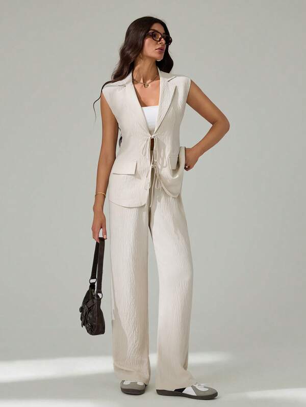 SHEIN Tall 2 pièces Ensemble de chemisier sans manches et pantalon ceinturé texturé pour femmes, Ensemble de costume décontracté sans manches avec revers et nœud pour femmes, Ensemble pantalon, costume d'automne, Ensemble deux pièces