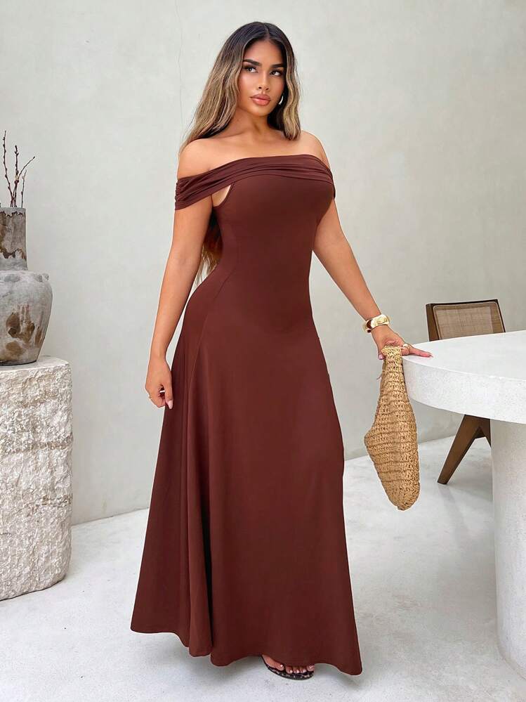 SHEIN SXY Solid Color Brown Off Shoulder High Slit Dress, Summer - Brown - View 4